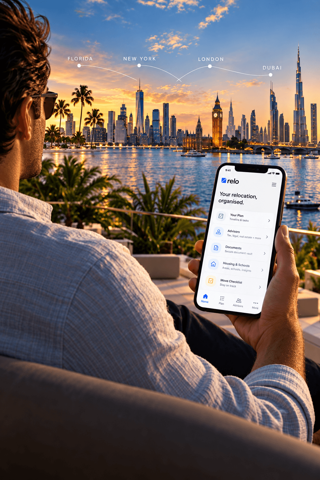 A man on a waterfront terrace at sunset, reviewing his relocation plan in the relo app